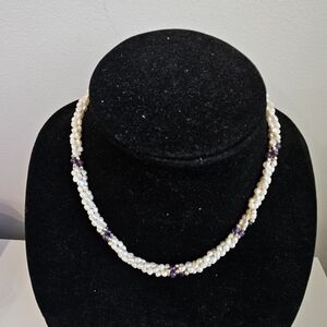 Elegant Pearl and Purple Beaded Necklace And Bracelet Set